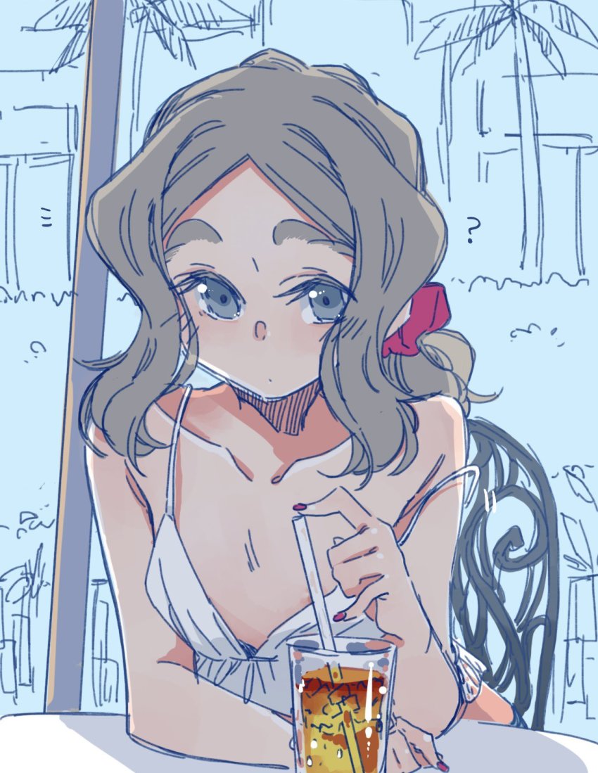 1girl ? blue_eyes chair chibikko_(morihito) collarbone convenient_censoring cup dress drinking_glass drinking_straw female_focus flat_chest grey_hair highres leaning_forward leaning_on_table looking_at_viewer morihito nail_polish no_bra original parted_bangs partially_colored ponytail red_nails scrunchie solo strap_slip table thick_eyebrows white_dress