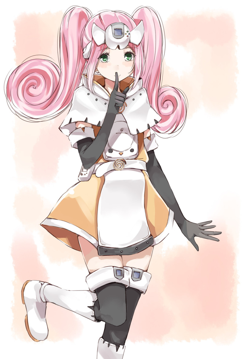1girl bad_id bad_pixiv_id black_gloves black_thighhighs blue_eyes boots capelet controller elbow_gloves female_focus finger_to_mouth forehead_protector game_console game_controller gamepad gloves highres knee_boots leg_lift long_hair nyoijizai personification pink_hair sega_dreamcast sega_dreamcast_(sega_hard_girls) sega_hard_girls shushing solo thighhighs twintails