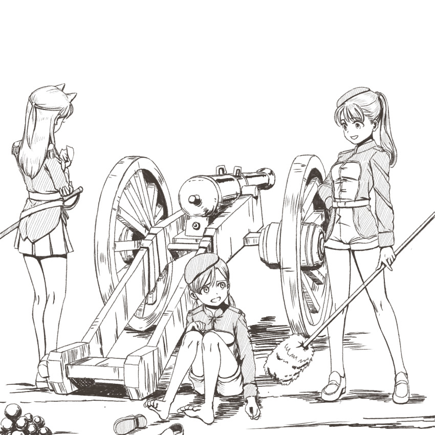 barefoot beret cannon cannonball greyscale hat highres kageng long_hair long_sleeves military military_uniform monochrome multiple_girls open_mouth original ponytail saber_(weapon) shorts skirt sword turret weapon wheel