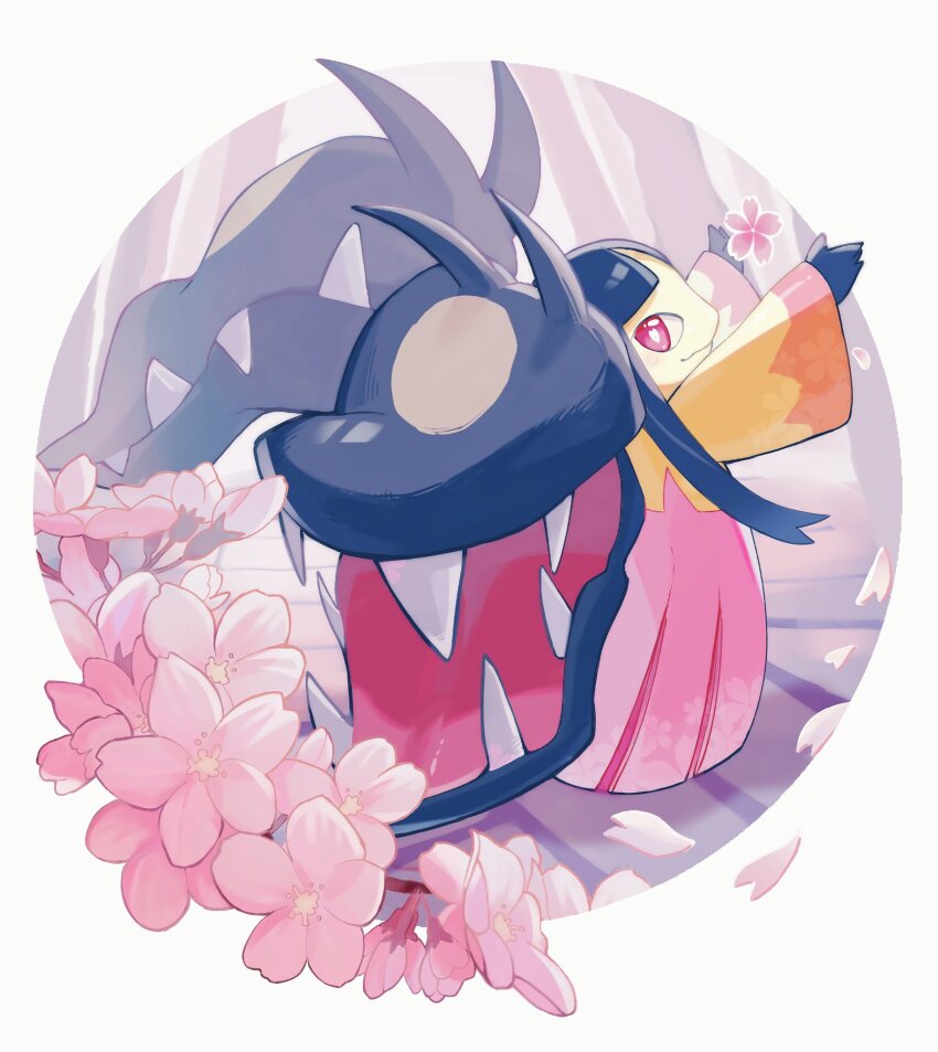 cherry_blossoms extra_mouth from_behind full_body gen_3_pokemon harumomo_(@harumomo123456) highres looking_at_viewer mawile mega_mawile mega_pokemon nintendo petals pokemon pokemon_(creature) red_eyes sharp_teeth solo teeth