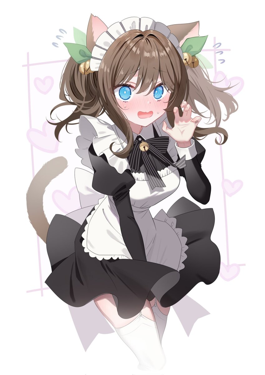 1girl @_@ animal_ears apron back_bow bell black_dress blue_eyes blush bow breasts brown_hair cat_ears cat_girl cat_tail dress flying_sweatdrops green_ribbon hair_bell hair_ornament heart highres hisabisa_ni_atta_osananajimi_ga_iroiro_to_seichou_shiteirunoni_nounai_dake_seichou_shiteinakute_douyou_shiteiru neck_bell open_mouth piyopoyo ribbon solo sweat tail thighhighs white_apron white_thighhighs younger_sister_(childhood_friend_series)