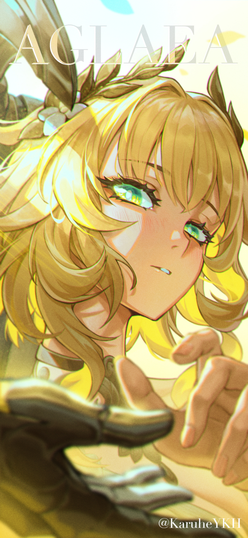 1girl 1other absurdres aglaea_(honkai:_star_rail) blonde_hair blush character_name commentary green_eyes hair_intakes head_wreath highres honkai:_star_rail honkai_(series) karlhe medium_hair parted_lips pink_nails reaching reaching_towards_another revision