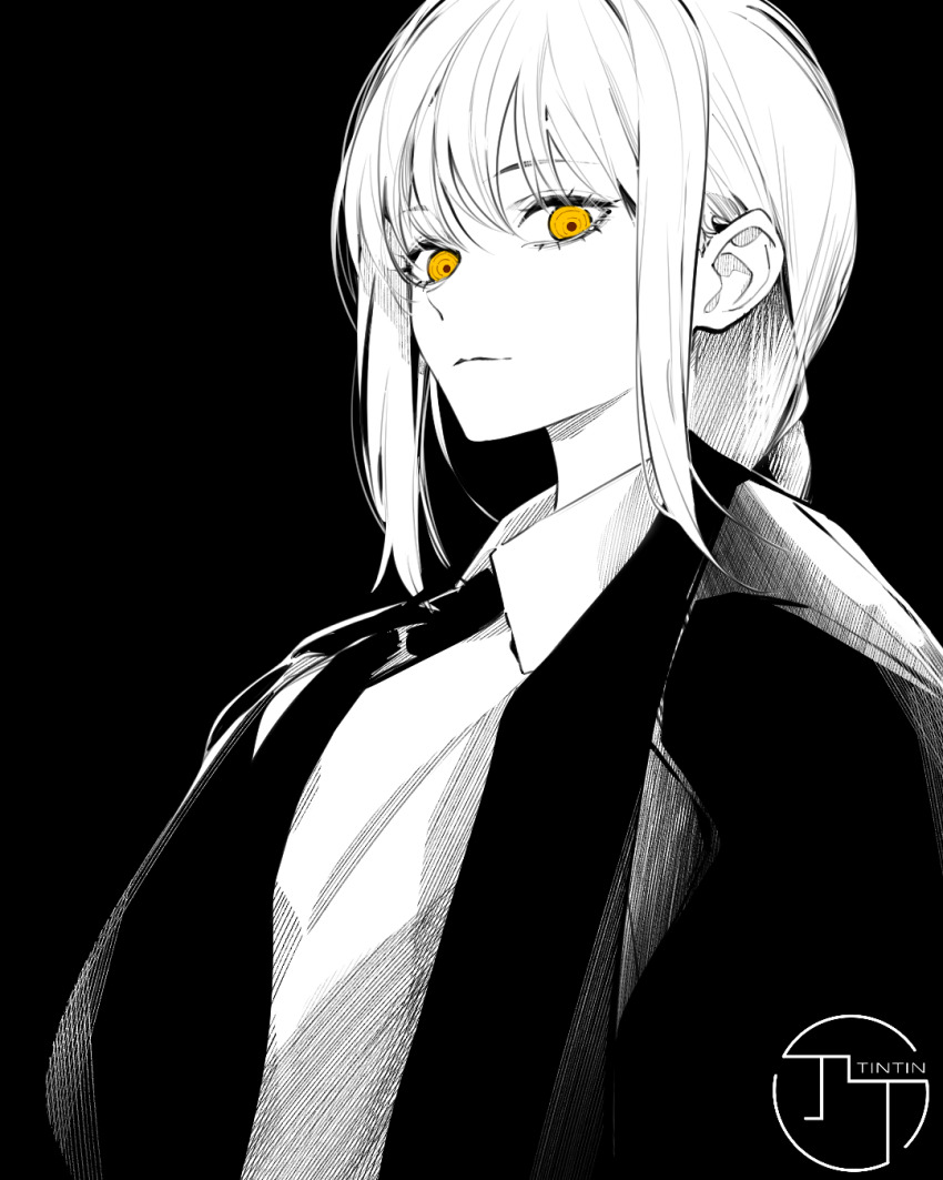 1girl artist_name chainsaw_man chouchou_(austin) coat collared_shirt formal_clothes greyscale highres makima_(chainsaw_man) monochrome necktie ringed_eyes shirt solo spot_color suit trench_coat yellow_eyes