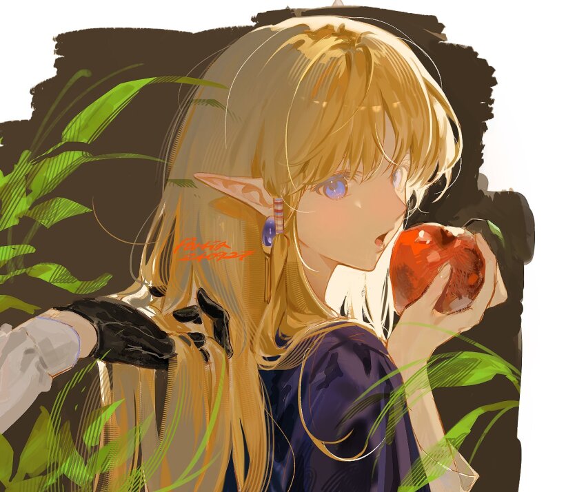 1girl apple blonde_hair blue_eyes earrings food fruit gloves holding holding_food holding_fruit ih2bb2thks76016 jewelry leaf looking_at_viewer mabinogi portia_(mabinogi) pov pov_hands