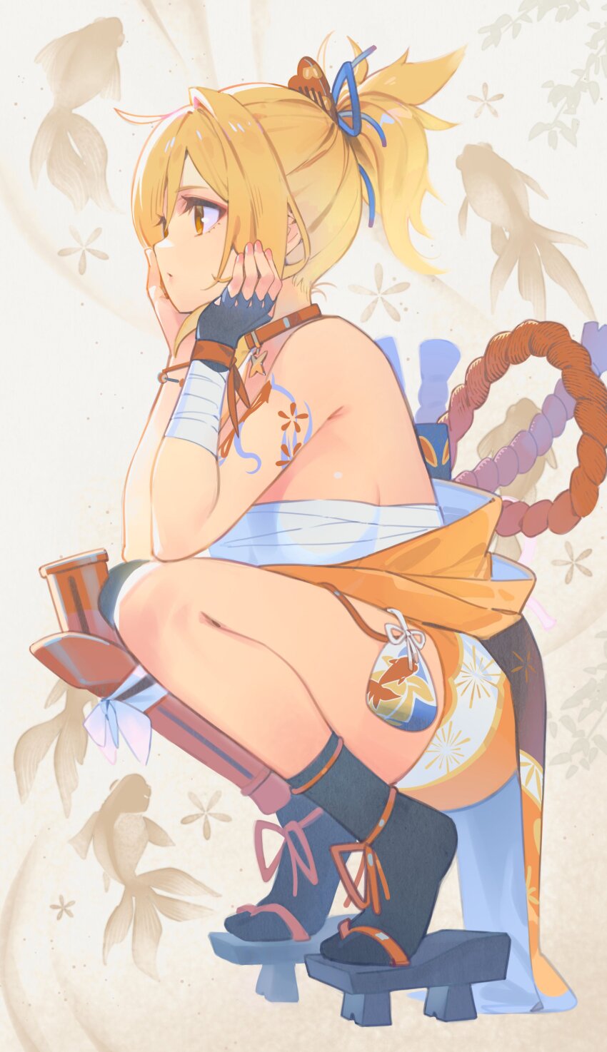 1girl absurdres arm_tattoo bandaged_wrist bandages black_footwear black_gloves black_socks blonde_hair breasts cheek_rest chest_sarashi choker closed_mouth commentary_request ddal expressionless fingerless_gloves fish_background floral_background flower_tattoo from_side full_body genshin_impact geta gloves grey_background hadanugi_dousa hands_on_own_face heel_up high_ponytail highres japanese_clothes kimono looking_ahead medium_breasts medium_hair open_clothes open_kimono orange_choker orange_eyes orange_kimono orange_ribbon pendant_choker ponytail profile ribbon rope sarashi shimenawa shin_guards short_kimono sideboob single_bare_shoulder single_fingerless_glove single_glove single_shin_guard socks squatting tattoo thighs wrist_ribbon yoimiya_(genshin_impact)