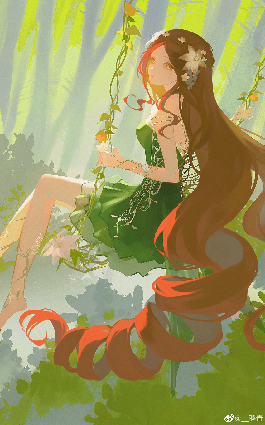 1girl absurdres arm_vines armlet bare_shoulders barefoot breasts bush butterfly_wings chinese_commentary dress drill_hair feet_out_of_frame flower flower_swing forest from_side green_dress hair_flower hair_ornament highres insect_wings jewelry long_hair looking_at_viewer looking_to_the_side medium_breasts nature nikki_(series) on_swing outdoors parted_bangs parted_lips plant red_hair shining_nikki short_dress sitting solo strapless strapless_dress stray_springwood_(shining_nikki) swing swinging_on_swing train_(clothing) very_long_hair vines white_flower wings yaqing yellow_eyes