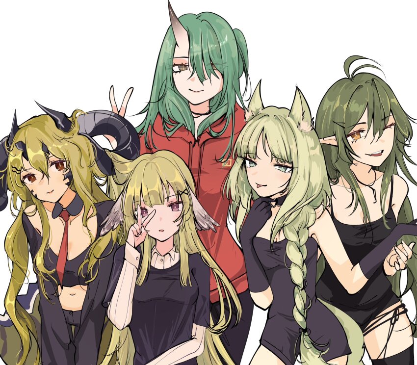5girls :o :p ahoge alternate_costume animal_ears arknights black_choker black_gloves black_horns black_pants black_romper black_shirt black_thighhighs blunt_bangs braid breasts brown_eyes cat_ears choker collarbone collared_shirt color_connection commentary crop_top detached_collar dot_nose double-parted_bangs drawstring elbow_gloves english_commentary estelle_(arknights) eyes_visible_through_hair feather_hair gavial_(arknights) gloves green_eyes green_hair gupipy hair_between_eyes hair_intakes hair_ornament hair_over_one_eye hairpin hand_on_own_neck harmonie_(arknights) heart heart_o-ring highres hood hood_down hoodie horns hoshiguma_(arknights) long_hair looking_at_viewer low-tied_long_hair material_growth medium_breasts midriff multiple_girls navel necktie o-ring one_eye_closed one_side_up oni pants pointy_ears poncirus_(arknights) purple_eyes red_hoodie red_necktie shirt sidelocks simple_background single_horn skin-covered_horns spaghetti_strap strapless strapless_shirt teeth thighhighs tongue tongue_out upper_body upper_teeth_only v v_over_eye very_long_hair white_background white_shirt x_hair_ornament yellow_eyes zettai_ryouiki