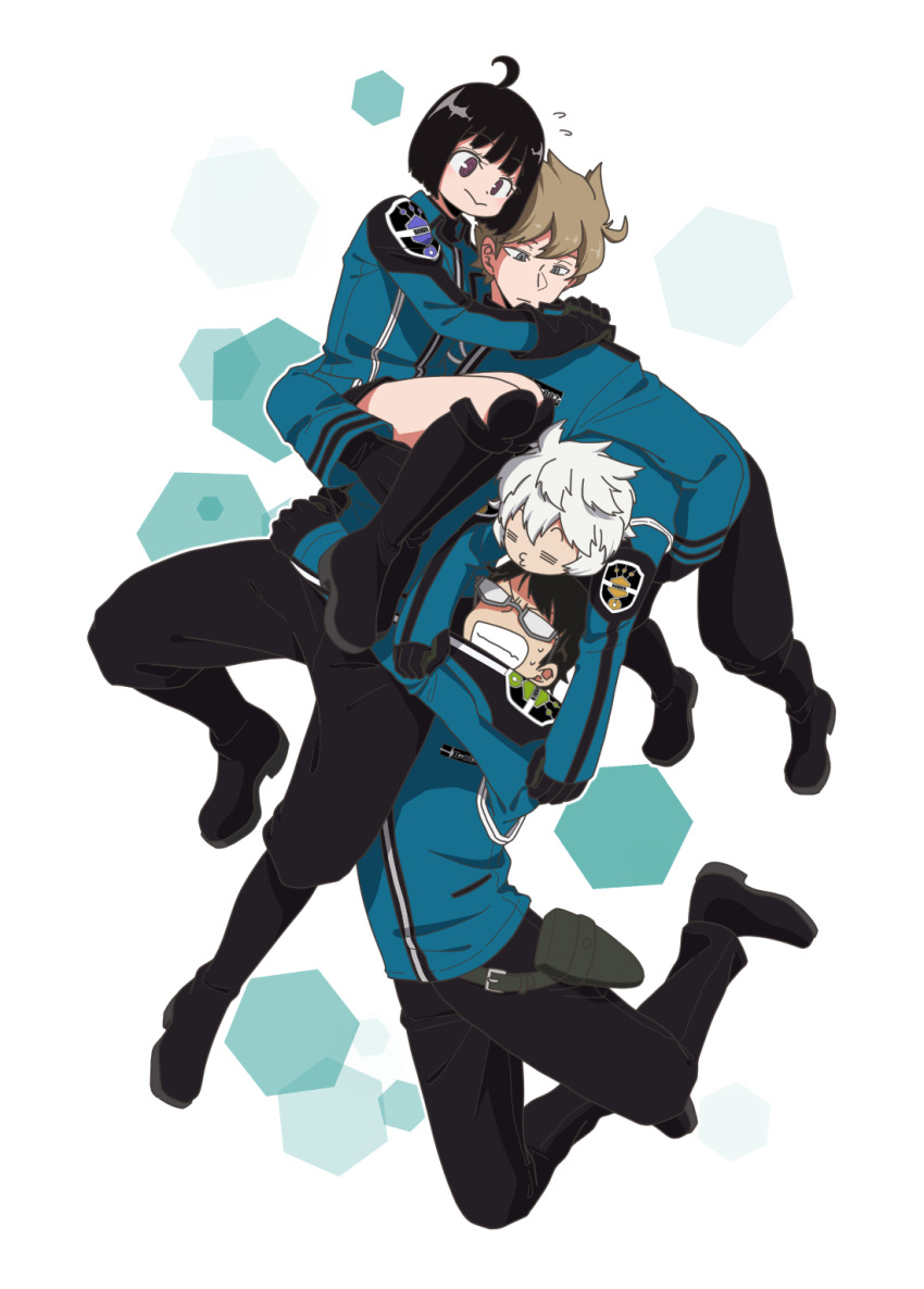 1girl 3boys =_= amatori_chika arm_around_neck arms_around_waist badge black_footwear black_gloves black_hair black_pants black_shorts blue_jacket bob_cut boots brown_hair carrying carrying_under_arm child_carry clenched_teeth clinging full_body glasses gloves green_eyes grin highres hyuse jacket jumping knee_boots kuga_yuuma light_brown_hair looking_at_another looking_down mikumo_osamu mikumo_squad&#039;s_uniform multiple_boys naenokyuuri_(truchmobis) pants puckered_lips purple_eyes shoes short_hair shorts sitting_on_arm smile spoilers sweatdrop teeth white_background white_hair world_trigger