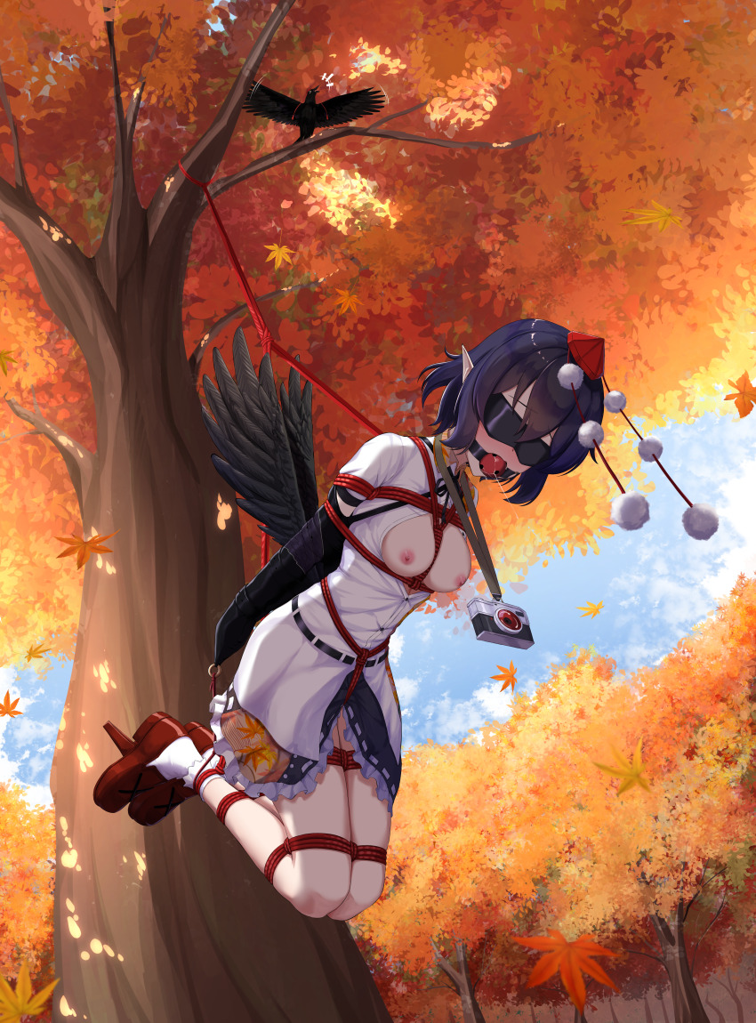 1girl absurdres armbinder arms_behind_back ball_gag bdsm bird black_blindfold blindfold bondage bound breasts breasts_out commentary_request crow gag gagged highres nero-kun nipples outdoors restraints rope shameimaru_aya shibari solo suspension touhou wiffle_gag