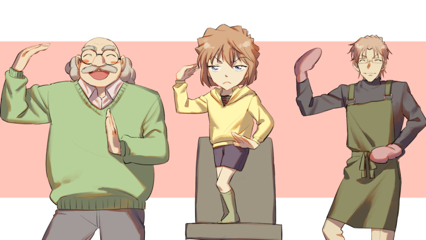 1girl 2boys :d ^_^ agasa_hiroshi apron arm_up black-framed_eyewear black_shorts black_sweater brown_hair chair closed_eyes closed_mouth czech_gana dancing facial_hair glasses green_apron green_socks green_sweater grey_pants haibara_ai hood hood_down hoodie jitome koi_dance long_sleeves meitantei_conan multiple_boys mustache okiya_subaru on_chair open_mouth oven_mitts pants pink_background rectangular_eyewear round_eyewear short_hair shorts smile socks standing standing_on_chair sweater yellow_hoodie