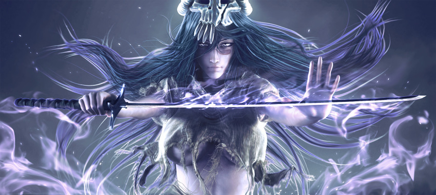 1girl 3d arrancar bleach breasts epic female_focus highres hollow_(bleach) large_breasts long_hair long_image nelliel_tu_odelschwanck number_tattoo resurreccion skull solo sword tattoo torn_clothes underboob weapon wen_jr wide_image