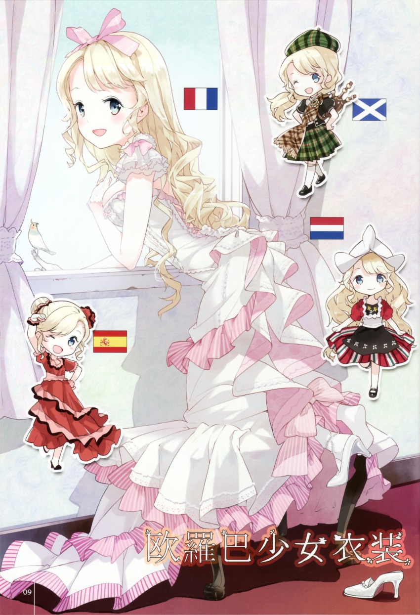 4girls :d ;d absurdres bagpipes beret bird blonde_hair blue_eyes bow dress european_clothes france french_flag gloves hair_bow hair_bun hair_ornament hair_ribbon happy hat high_heels highres holland instrument kilt long_hair looking_at_viewer mary_janes multiple_girls multiple_persona netherlands no_bra one_eye_closed open_mouth original plaid_clothes plaid_headwear plaid_scarf plaid_skirt ribbon sash scarf scotland shoes short_hair single_hair_bun single_shoe skirt smile spain spanish_flag stool tiv unworn_shoes window wink