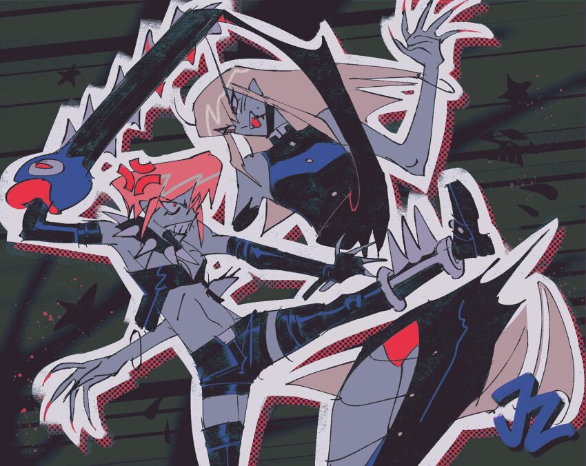 2girls anger_vein angry bisected black_shorts blonde_hair blood blood_on_face boots bracelet chainsaw claws collar colored_skin darkstalkers dress elbow_gloves fangs fingernails flat_chest glaring gloves height_difference injury jedah_dohma jewelry le_malta long_eyebrows long_hair looking_at_another lord_raptor midnight_bliss midriff multiple_girls navel nun_0_nun orange_hair panties pantyshot purple_skin red_eyes red_panties sharp_fingernails short_hair short_shorts shorts sidelocks signature smile spiked_bracelet spiked_collar spikes thigh_boots underwear