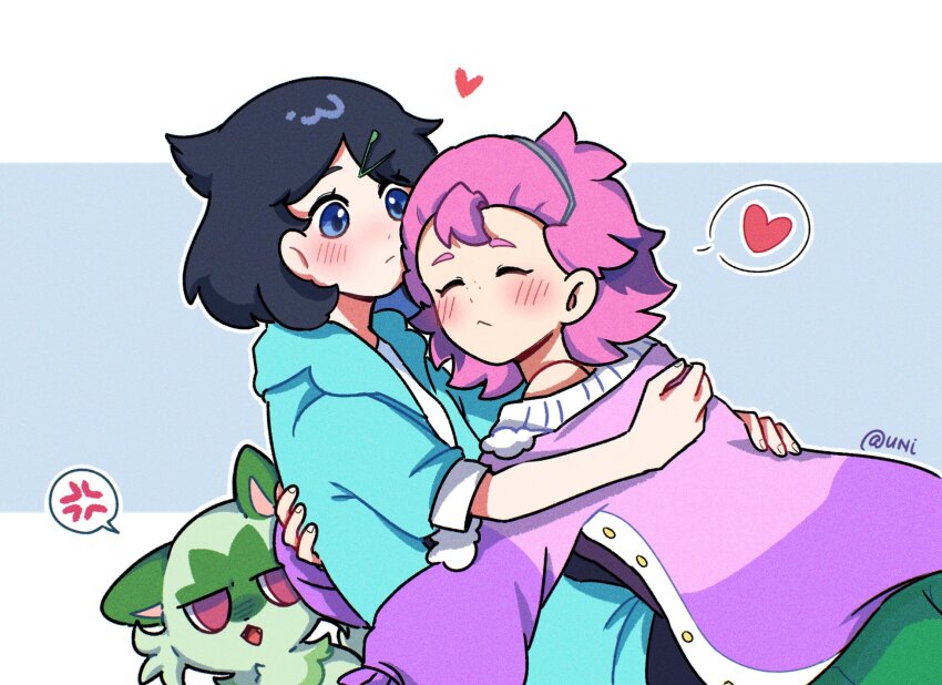 2girls black_hair blue_eyes blue_hoodie commentary_request dot_(pokemon) grey_hairband hair_ornament hairband hairclip highres hood hoodie hug jacket liko_(pokemon) medium_hair multicolored_hair multiple_girls ni12345670 nintendo pink_hair pokemon pokemon_(anime) pokemon_(creature) pokemon_horizons purple_hair purple_jacket signature sprigatito two-tone_hair yuri