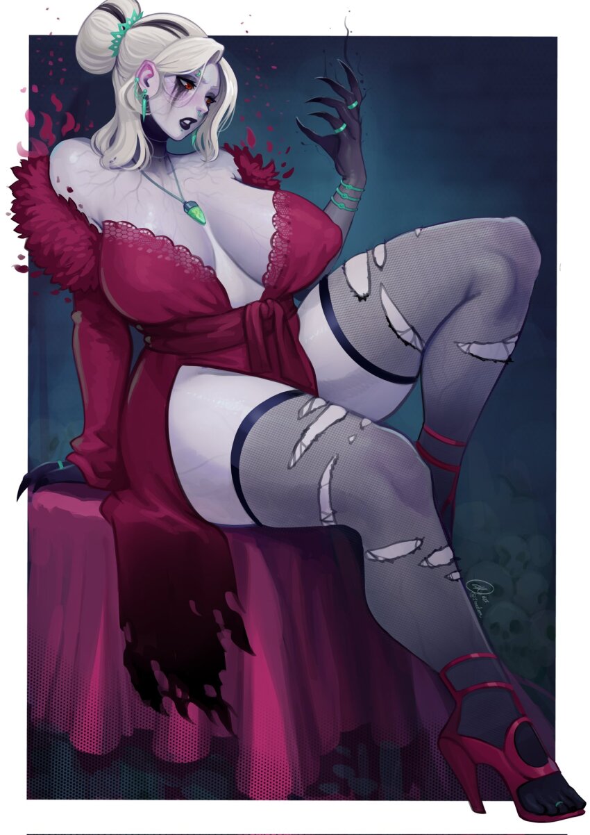 1girl black_lips blonde_hair bracelet breasts claws cleavage covered_erect_nipples earrings ed_(edemevas) eyebrow_piercing face_piercing fishnet_thighhighs fishnets high_heels highres jewelry large_breasts necklace original pale_skin piercing red_eyes ring second-party_source signature sitting solo thighhighs torn_clothes torn_thighhighs veins