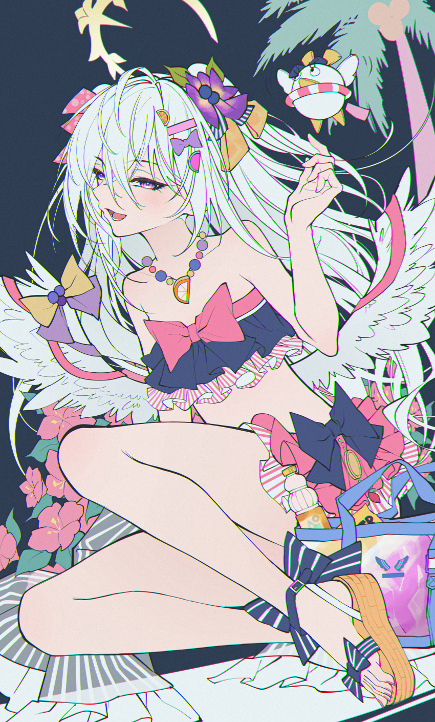 1girl absurdres ankle_bow ankle_ribbon azusa_(blue_archive) azusa_(swimsuit)_(blue_archive) bikini blue_archive bow bow_bikini breasts coconut_tree commentary_request flat_color flower frilled_bikini frills hair_between_eyes hair_bow hair_flower hair_ornament hairclip halo highres jewelry light_blush necklace official_alternate_costume open_mouth palm_tree peroro_(blue_archive) pink_bow purple_bow purple_eyes purple_flower ribbon sandals small_breasts solo striped_bow swimsuit tiandingfengren tree white_hair