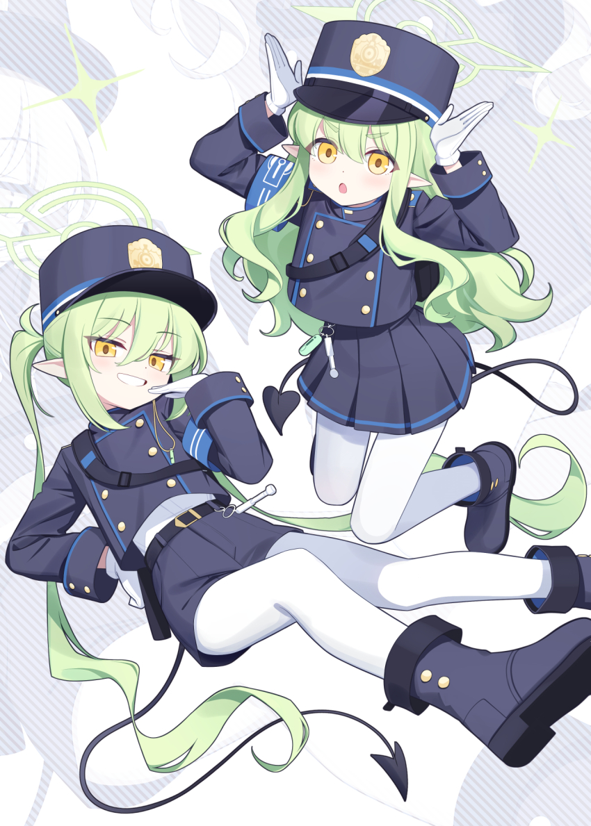 2girls armband arms_up black_footwear black_shirt black_shorts black_skirt blue_archive blue_armband blush deadnooodles demon_girl demon_tail gloves green_hair green_halo hair_between_eyes halo hand_on_own_hip hat highres hikari_(blue_archive) long_hair looking_at_viewer miniskirt multiple_girls nozomi_(blue_archive) open_mouth pantyhose peaked_cap pleated_skirt pointy_ears shirt short_shorts shorts siblings sisters skirt smile tail twins twintails white_gloves white_pantyhose yellow_eyes zoom_layer