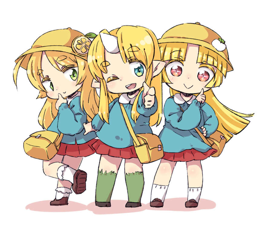 +_+ 3girls :&gt; ;d animal_legs bag blonde_hair blue_eyes body_fur brown_shoes chibi child closed_mouth croixsan flat_chest food-themed_hat_ornament full_body futaba_channel green_eyes green_fur hand_on_own_hip hand_up hat hat_ornament highres hooves horns kindergarten_bag kindergarten_uniform kirin_(nijiura_maids) leg_up legs_apart lemon_hat_ornament lemon_tea_(nijiura_maids) long_hair long_sleeves miniskirt multiple_girls nijiura_maids one_eye_closed open_mouth pleated_skirt pointy_ears red_eyes red_skirt satyr school_hat shadow shoes simple_background single_horn skirt smile smock socks standing standing_on_one_leg tareme tensai_(nijiura_maids) thick_eyebrows turnip white_background white_horns white_socks yellow_bag yellow_hat