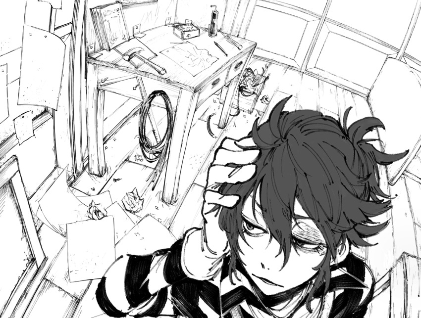 1boy bruise bruised_eye bububuki crumpled_paper desk gloves greyscale hair_between_eyes half-closed_eyes hammer hand_on_own_head identity_v injury looking_to_the_side luca_balsa male_focus monochrome paper perspective ponytail shirt short_ponytail striped_clothes striped_shirt table tools