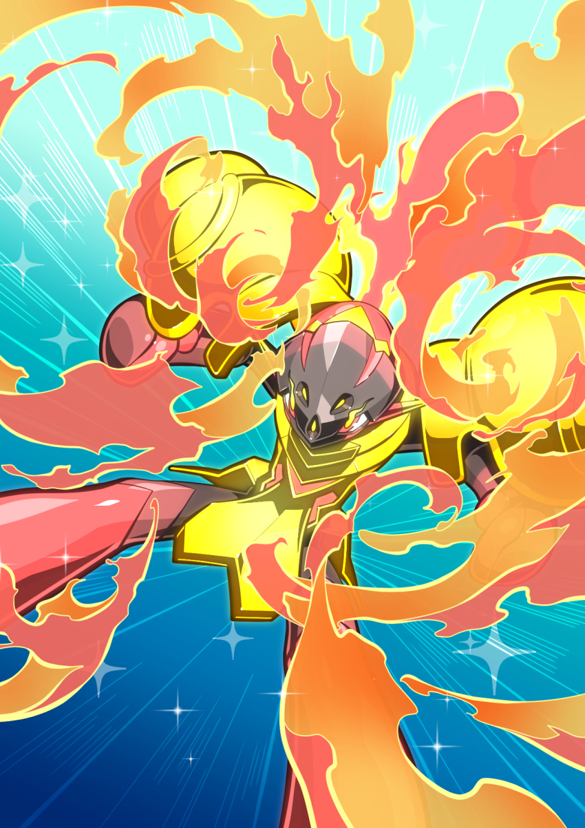 armarouge bbiqbmp blue_background commentary_request emphasis_lines eye_trail fire flaming_eyes highres light_trail nintendo pokemon pokemon_(creature) red_eyes solo sparkle yellow_pupils