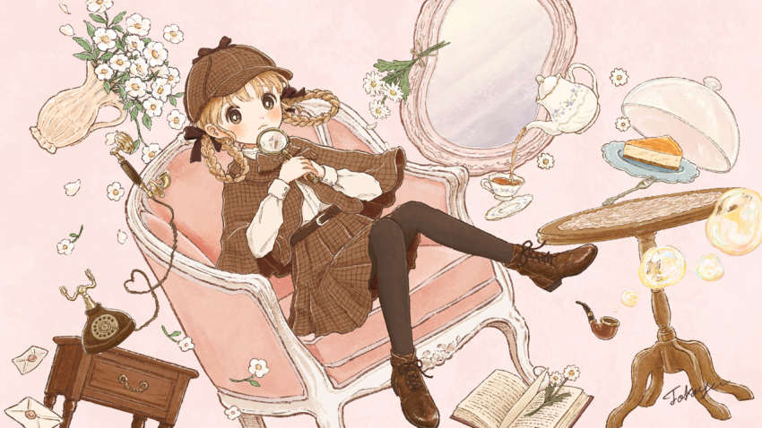 1girl antique_phone black_thighhighs blonde_hair boots braid brown_boots brown_hat brown_skirt capelet couch cup deerstalker detective envelope food hat holding holding_magnifying_glass magnifying_glass nijisanji on_couch pie pie_slice plaid_capelet plaid_clothes plaid_skirt serving_dome sister_claire sitting skirt smoking_pipe solo table teacup thighhighs tokoyu virtual_youtuber