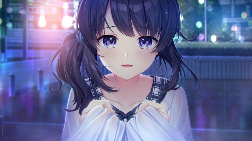 1girl :d alpha_(yukai_na_nakamatachi) black_ribbon blue_eyes blue_hair collarbone game_cg hair_over_shoulder long_hair looking_at_viewer night open_mouth outdoors plaid_clothes plaid_sailor_collar portrait rain ribbon sailor_collar sailor_shirt shirt side_ponytail smile solo sousaku_kanojo_no_renai_koushiki tsukimizaka_kiriha white_shirt