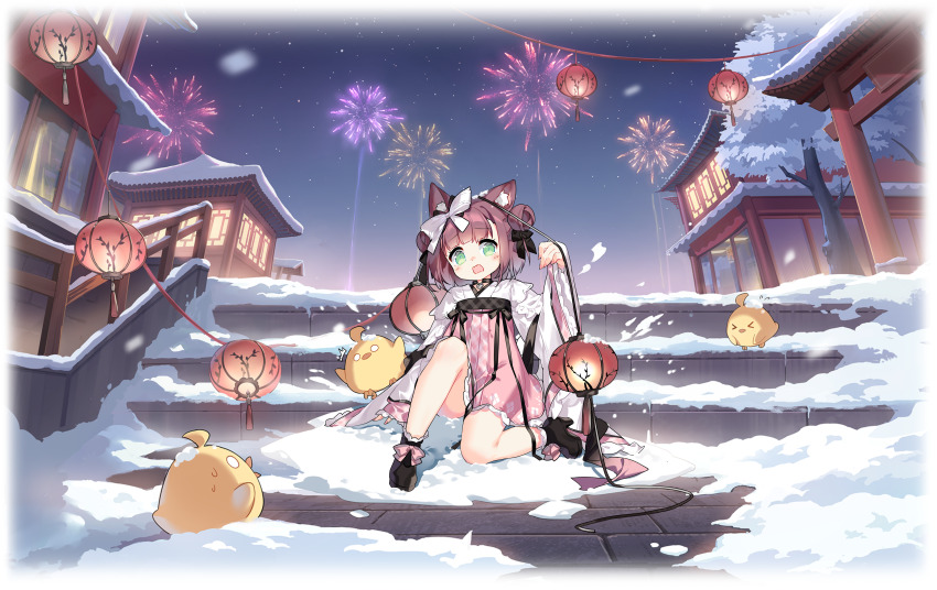 1girl absurdres aerial_fireworks animal_ear_fluff animal_ears architecture artist_request azur_lane bird black_boots blush boots bow brown_hair check_artist chick chinese_new_year dog_ears dog_girl double_bun dress east_asian_architecture embarrassed fireworks frilled_kimono frills green_eyes hair_bow hair_bun high_heel_boots high_heels highres holding holding_lantern japanese_clothes kimono lantern long_sleeves looking_at_viewer manjuu_(azur_lane) medium_hair night night_sky non-web_source official_alternate_costume official_art open_mouth outdoors paper_lantern pink_dress ribbon saru shiratsuyu_(azur_lane) shiratsuyu_(thawing_snow_fireworks_alight)_(azur_lane) sitting sky snow socks solo stairs star_(sky) starry_sky tail torii tree wide_sleeves winter