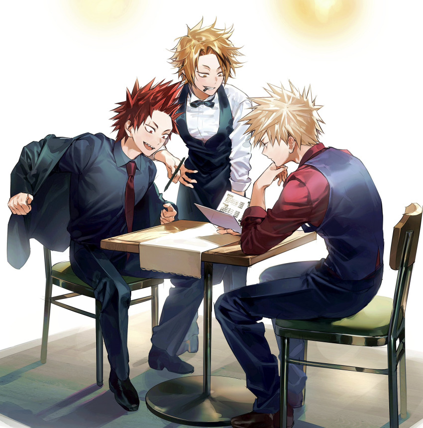 3boys bakugou_katsuki blonde_hair boku_no_hero_academia bow bowtie chair collared_shirt formal_clothes herovvvzzz highres kaminari_denki kirishima_eijirou long_sleeves male_focus menu multiple_boys necktie object_in_mouth pants pen red_eyes red_hair scar scar_across_eye scar_on_face sharp_teeth shirt shoes short_hair sitting spiked_hair standing suit table teeth vest yellow_eyes