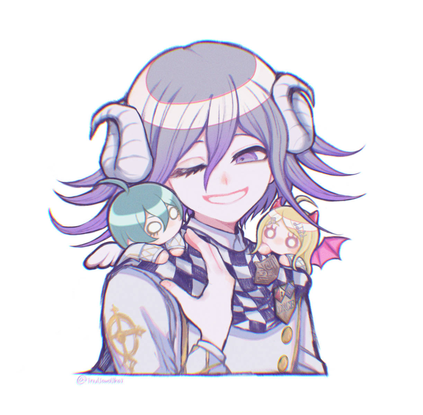 1girl 2boys ahoge akamatsu_kaede angel_wings blonde_hair blue_hair checkered_clothes checkered_scarf chibi chromatic_aberration cropped_torso danganronpa_(series) danganronpa_v3:_killing_harmony fortissimo hair_between_eyes hair_ornament highres horns inukai_(inuuowoukai) jacket long_hair multiple_boys musical_note musical_note_hair_ornament oma_kokichi one_eye_closed purple_eyes purple_hair saihara_shuichi scarf short_hair simple_background smile teeth twitter_username white_background white_jacket wings