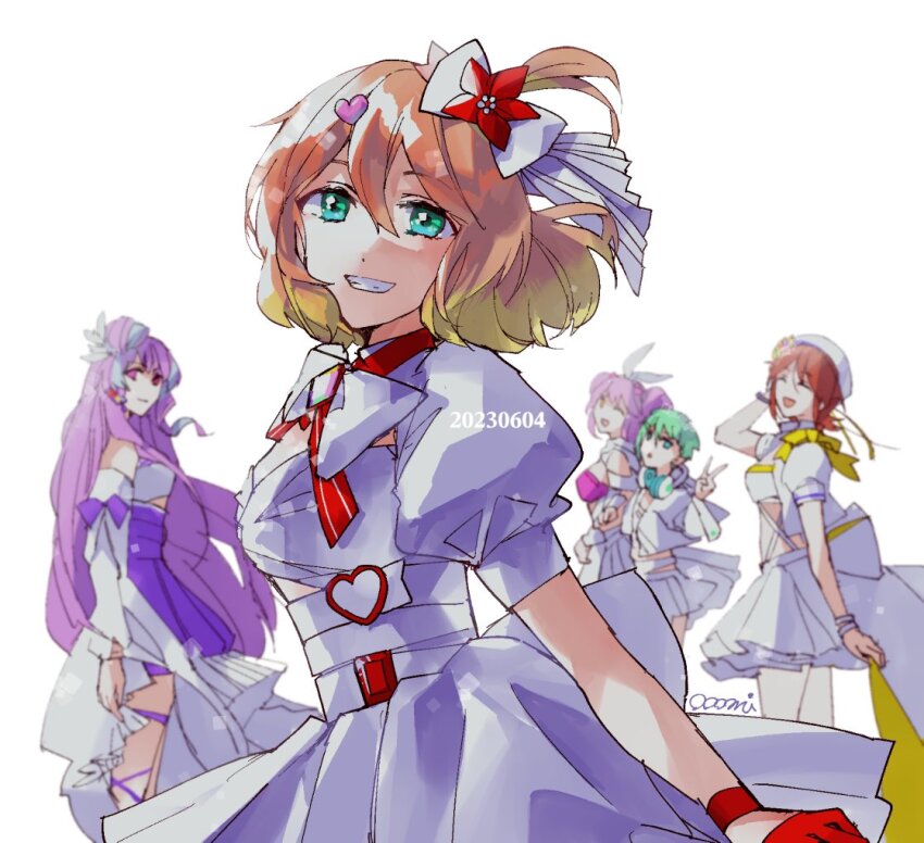 5girls ^_^ artist_name beret blue_hair bow breasts closed_eyes colored_tips dated dress freyja_wion green_eyes green_hair hair_between_eyes hair_bow hair_bun hat heart heart-shaped_hair high-waist_skirt kaname_buccaneer long_hair looking_at_viewer macross macross_delta makina_nakajima medium_hair mikumo_guynemer multicolored_hair multiple_girls ooomi orange_hair pink_hair puffy_short_sleeves puffy_sleeves purple_eyes purple_hair purple_skirt red_hair reina_prowler shirt short_hair short_sleeves simple_background single_hair_bun skirt small_breasts smile streaked_hair v very_long_hair walkure_(macross_delta) white_background white_bow white_dress white_hat white_shirt white_skirt