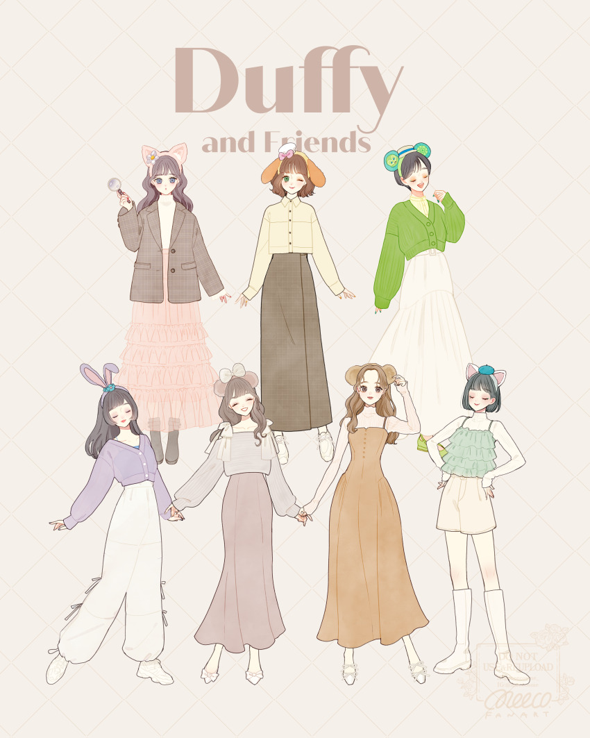 6+girls absurdres animal_ears animification bear_ear_hairband bear_ears brown_hair cookieann duffy_and_friends duffy_the_disney_bear full_body gelatoni genderswap hat highres humanization linabell long_hair looking_at_viewer meecosme multiple_girls olu_mel shelliemay shirt short_hair skirt smile stellalou sweater