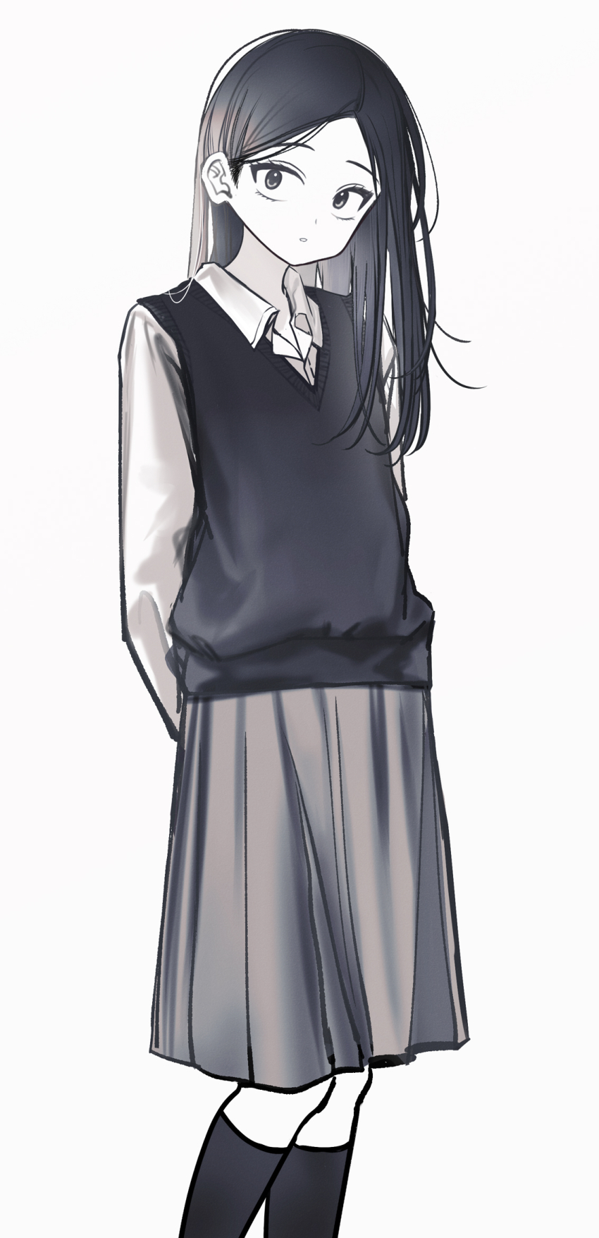 1girl arms_behind_back black_eyes black_hair black_socks black_sweater_vest blush collared_shirt commentary_request dress_shirt feet_out_of_frame flat_chest futsuu_no_keion-bu grey_skirt hair_behind_ear highres long_hair muted_color oomichi_yuuki parted_bangs parted_lips pleated_skirt shirt simple_background skirt socks solo sweater_vest urakko white_background white_shirt