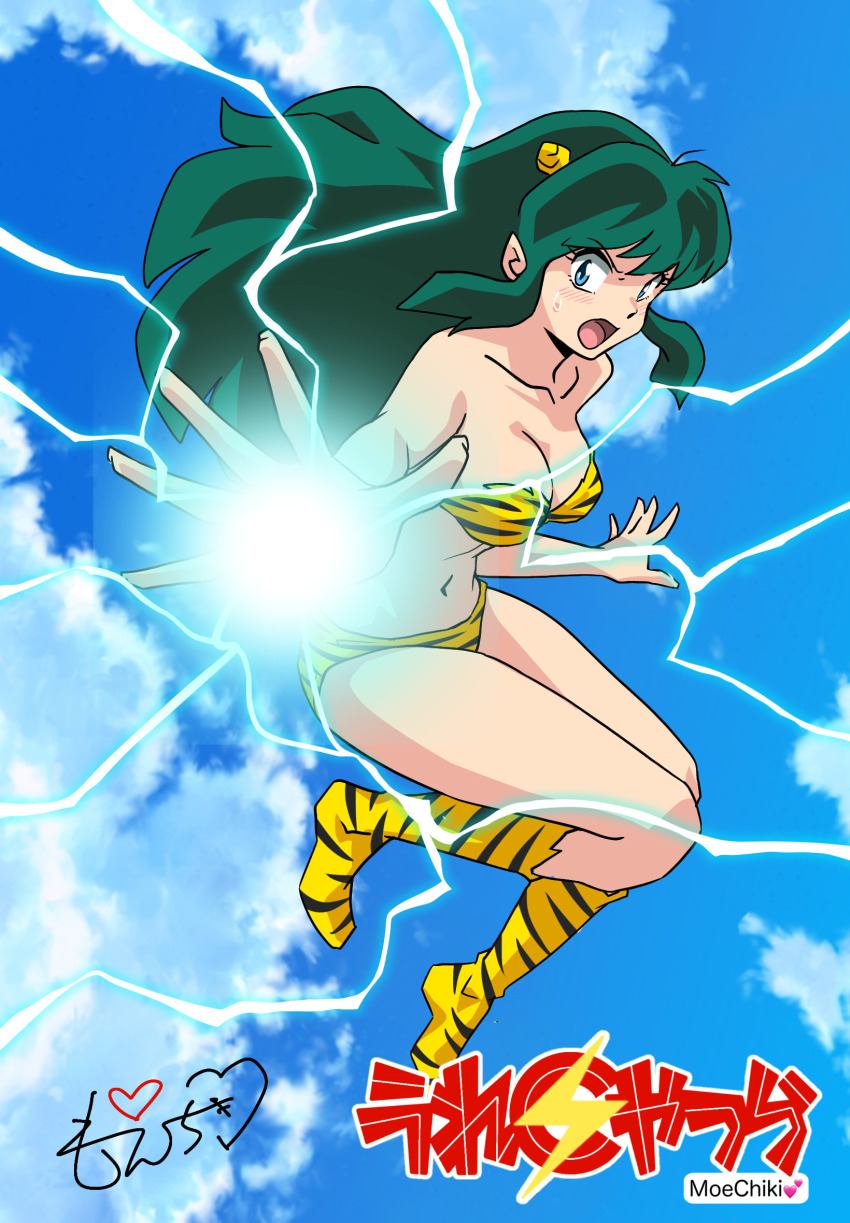 1girl animal_print bikini blue_sky boots breasts cleavage cloud cloudy_sky collarbone commentary_request cone_horns electricity faux_retro_artstyle flying frown full_body green_hair highres horns knee_boots long_hair looking_at_viewer lum moechiki navel open_mouth pointy_ears print_bikini print_boots sidelocks signature sky solo swimsuit tiger_print urusei_yatsura