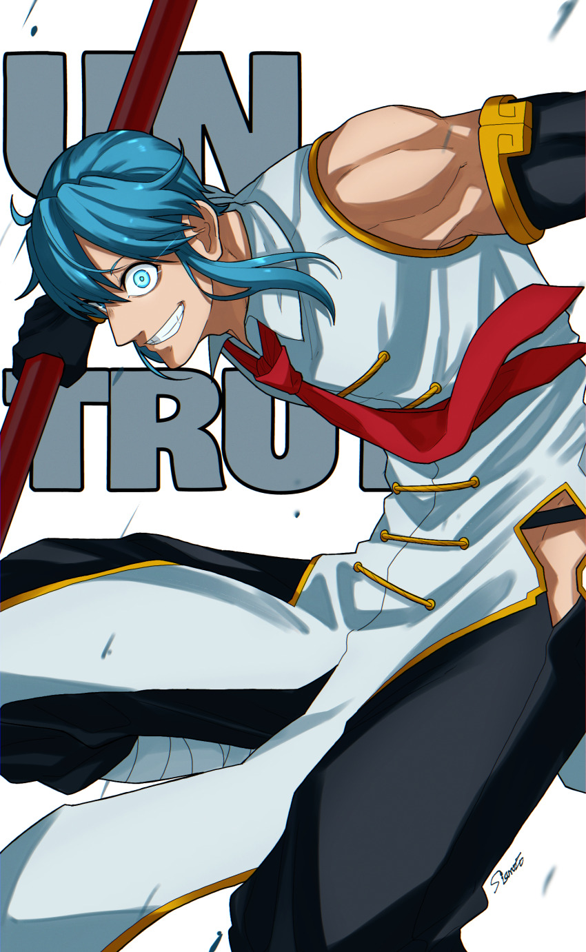 1boy absurdres black_gloves blue_eyes blue_hair chinese_clothes gloves grin highres holding holding_weapon male_focus necktie red_necktie shen_(undead_unluck) shishiruto sidelocks simple_background smile solo toned undead_unluck weapon white_background