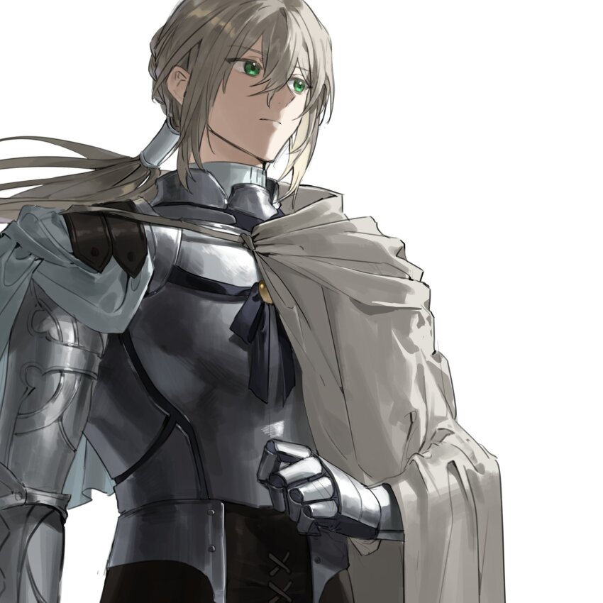 1boy armor bedivere_(fate) breastplate cape closed_mouth commentary_request fate/grand_order fate_(series) gauntlets green_eyes grey_cape grey_hair hair_between_eyes hair_tubes highres knight korean_commentary long_hair looking_to_the_side male_focus ponytail potato_goril simple_background solo white_background