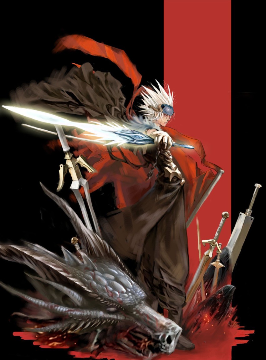 00s blademaster chain dragon dungeon_and_fighter energy_sword gloves highres horns male_focus male_slayer_(dungeon_and_fighter) spiked_hair sword weapon white_hair