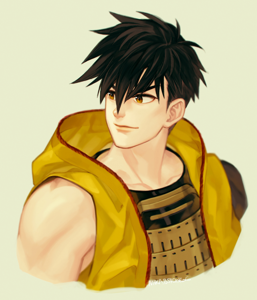 1boy armor brown_eyes brown_hair cropped_torso grey_background hair_down highres jacket japanese_armor khirzava looking_ahead male_focus sengoku_basara short_hair simple_background single_bare_shoulder smile solo tokugawa_ieyasu_(sengoku_basara) yellow_jacket