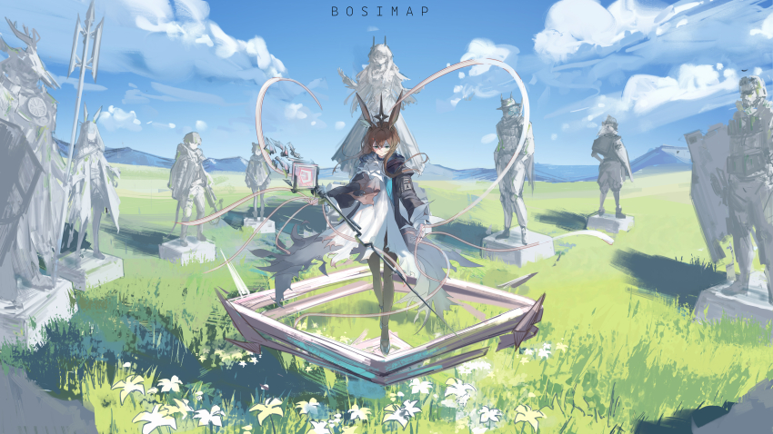 1girl absurdres ace_(arknights) amiya_(arknights) animal_ears annotation_request arknights artist_name ascot black_jacket black_pantyhose blue_eyes blue_sky bosimap brown_hair character_request chinese_commentary cloud commentary_request day dress flower frostnova_(arknights) grass hair_between_eyes highres jacket long_hair long_sleeves magic meadow misha_(arknights) mountainous_horizon open_clothes open_jacket outcast_(arknights) outdoors pantyhose partially_annotated patriot_(arknights) plant rabbit_ears rabbit_girl ribbon scout_(arknights) sky solo statue theresa_(arknights) torn_clothes torn_dress white_ascot white_dress white_flower white_ribbon