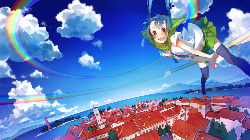 1girl :d aqua_hair black_thighhighs blush cloud day falling female_focus hatsune_miku house looking_at_viewer mmlu_(honwa_karesu) ocean open_mouth rainbow school_uniform serafuku sky smile solo thighhighs twintails vocaloid