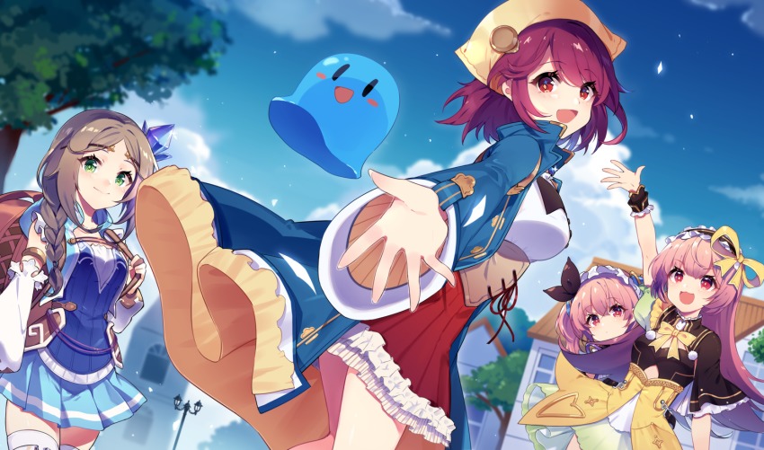 4girls atelier_(series) atelier_firis atelier_lydie_&amp;_suelle atelier_sophie black_bow blush bow bowtie braid breasts coat dress firis_mistlud frilled_dress frills green_eyes hair_ornament hairband long_hair looking_at_viewer looking_back lydie_malen medium_breasts multiple_girls open_mouth pink_eyes pink_hair pleated_skirt puni_(atelier) red_eyes red_hair sharlorc short_hair siblings side_braid single_braid sisters skirt small_breasts smile sophie_neuenmuller suelle_malen yellow_bow