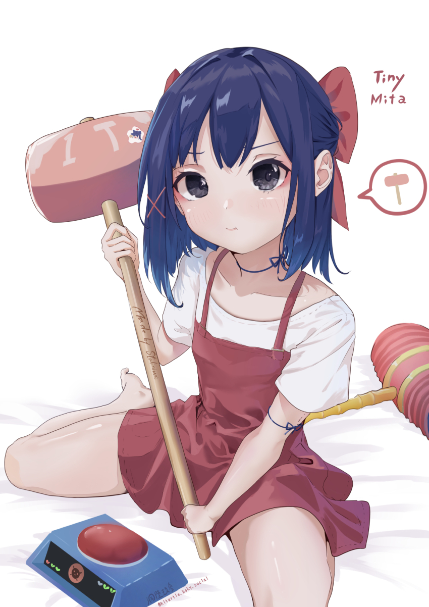 1girl black_eyes blue_choker blue_hair bluesky bow character_name child choker dress hair_bow hair_ornament hammer highres holding holding_hammer looking_at_viewer miside mita_(miside) red_bow red_dress shirt short_sleeves sitting sledgehammer solo spaghetti_strap tiny_mita_(miside) user_xtxg5234 wariza white_shirt x_hair_ornament