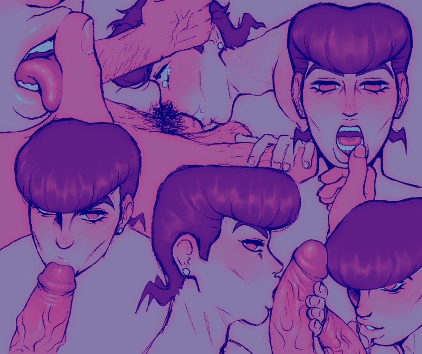 2boys blush commentary deepthroat diamond_wa_kudakenai dreamscreep earrings english_commentary erection fellatio finger_in_another&#039;s_mouth higashikata_josuke highres jewelry jojo_no_kimyou_na_bouken kissing_penis male_pubic_hair multiple_boys multiple_views nose_blush open_mouth oral penis pompadour pubic_hair self-upload testicles veins veiny_penis yaoi