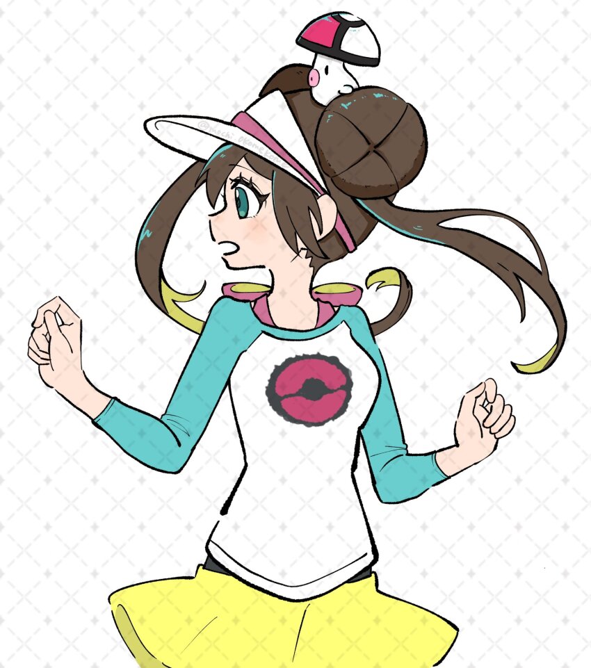 1girl :o blue_eyes brown_hair double_bun foongus gen_5_pokemon hair_bun highres long_hair looking_to_the_side mochi_okomekome nintendo on_head open_mouth pokemon pokemon_(creature) pokemon_adventures pokemon_on_head rosa_(pokemon) shirt shorts three-quarter_sleeves twintails twitter_username upper_body visor_cap yellow_shorts