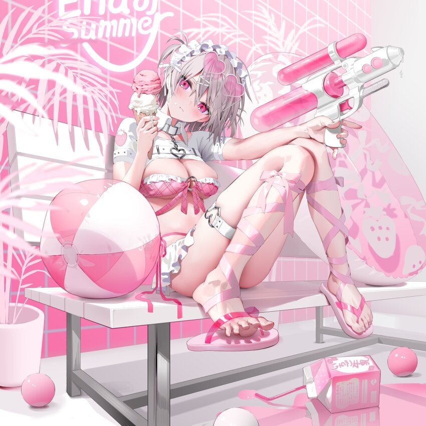 1girl blush breasts flip-flops food frilled_thigh_strap glasses grey_hair highres ice_cream lowro_(en) original pink_eyes sandals sitting solo stomach swimsuit thigh_strap water_balloon water_gun