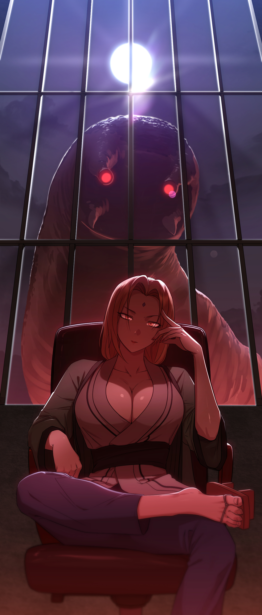 1girl absurdres blonde_hair breasts chair cleavage crossed_legs facial_mark forehead_mark full_moon green_haori grey_kimono hand_on_own_head haori highres huge_breasts japanese_clothes katsuyu_(naruto) kimono large_breasts mature_female moon naruto_(classic) naruto_(series) office_chair red_eyes red_machine sitting slug solo swivel_chair tsunade_(naruto)