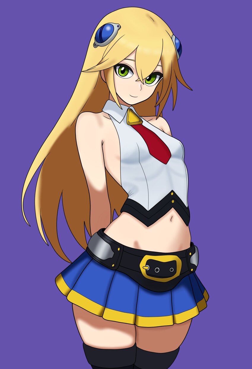 1girl absurdres arms_behind_back bare_shoulders belt black_belt black_thighhighs blazblue blonde_hair bojack198 breasts closed_mouth commentary cowboy_shot cropped_shirt english_commentary green_eyes hair_between_eyes hair_ornament highres long_hair looking_at_viewer midriff navel necktie noel_vermillion pleated_skirt purple_background red_necktie shirt skirt sleeveless sleeveless_shirt small_breasts smile solo thighhighs very_long_hair white_shirt zettai_ryouiki