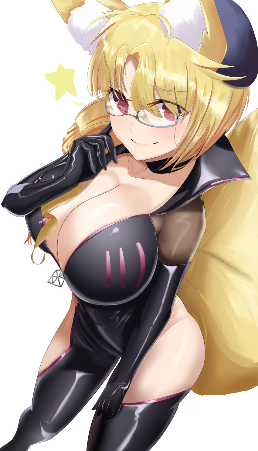 absurdres animal_ear_fluff animal_ears black_bodysuit blonde_hair blush bodysuit breasts center_opening cleavage commentary commission drill_hair english_commentary eyewear_strap fate/grand_order fate_(series) fox_ears fox_girl fox_tail full_body glasses grey-framed_eyewear highres hip_vent huge_breasts koyanskaya_(fate) looking_at_viewer open_bodysuit open_clothes original red_eyes self-upload shokobr simple_background star_(symbol) suplex tail tamamo_(fate) turtleneck white-framed_eyewear white_background