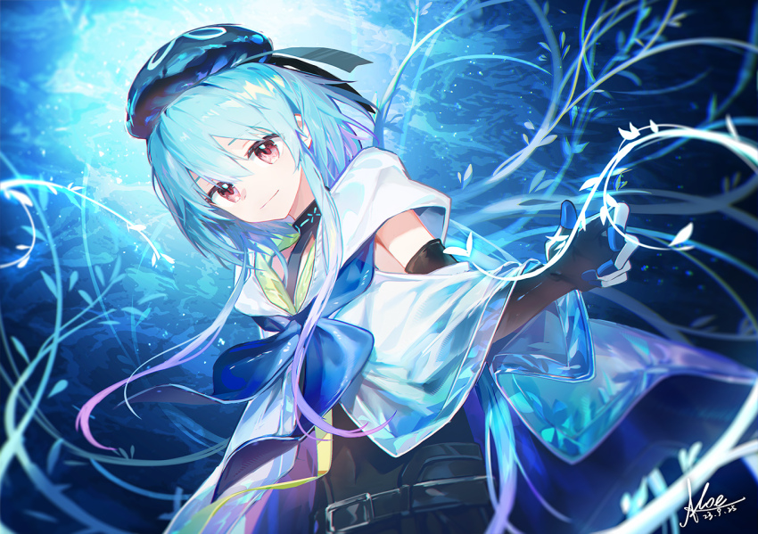 1boy arknights belt beret black_belt black_gloves black_shirt blue_hair blue_hoodie blue_neckerchief clothing_cutout commentary_request elbow_gloves gloves gradient_hair hat hood hoodie infection_monitor_(arknights) koe_(mixpi) light_blue_hair looking_at_viewer male_focus mizuki_(arknights) multicolored_hair neckerchief pink_eyes purple_hair shirt shoulder_cutout signature smile solo two-tone_hoodie underwater upper_body water white_hoodie