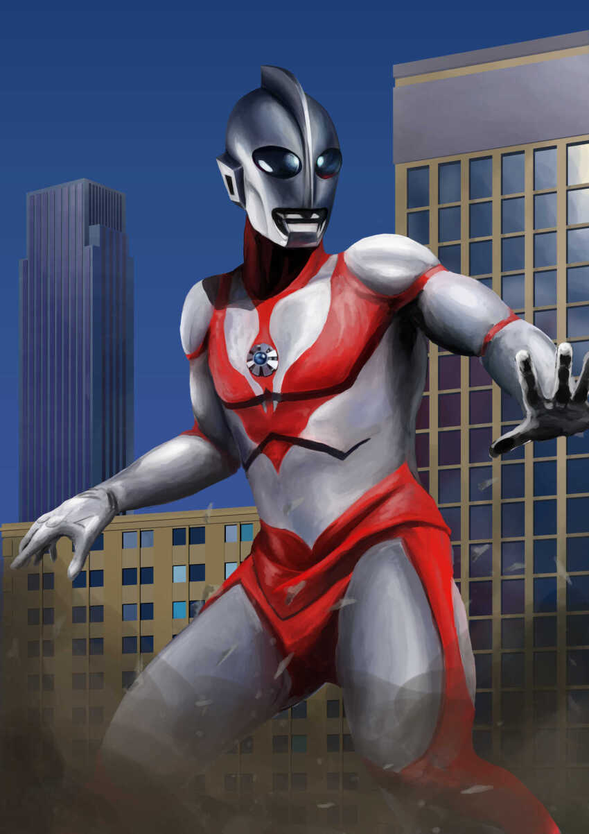 1boy alien blue_eyes blue_sky building city cityscape collarbone color_timer colored_skin commentary compound_eyes day debris dorsal_fin dust_cloud feet_out_of_frame gattyo giant hashtag-only_commentary highres legs_apart looking_ahead male_focus multicolored_skin muscular muscular_male no_pupils open_hand outdoors pectorals red_skin silver_skin sky skyscraper solo spread_fingers standing tokusatsu two-tone_skin ultra_series ultraman:_the_ultimate_hero ultraman_powered wrinkled_skin