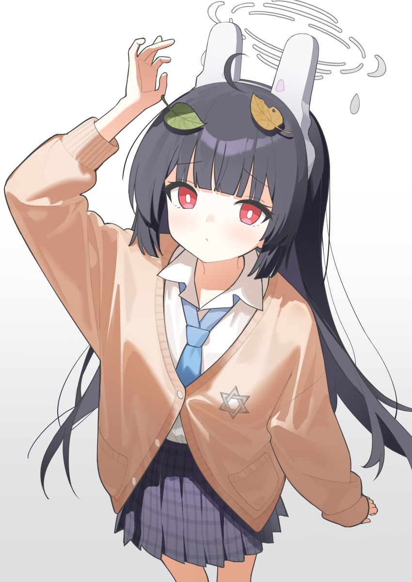 1girl absurdres ahoge animal_ears arm_up black_hair blue_archive blue_necktie blunt_bangs blush bright_pupils brown_cardigan cardigan commentary_request fake_animal_ears halo highres leaf leaf_on_head long_hair looking_at_viewer miyu_(blue_archive) nagisa_(cxcx5235) necktie plaid_clothes plaid_skirt pleated_skirt rabbit_ear_headwear rabbit_ears red_eyes school_uniform shirt skirt solo straight_hair very_long_hair white_pupils white_shirt